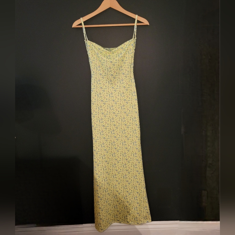 Yellow Floral Slip Dress with Spaghetti Straps And Open Back